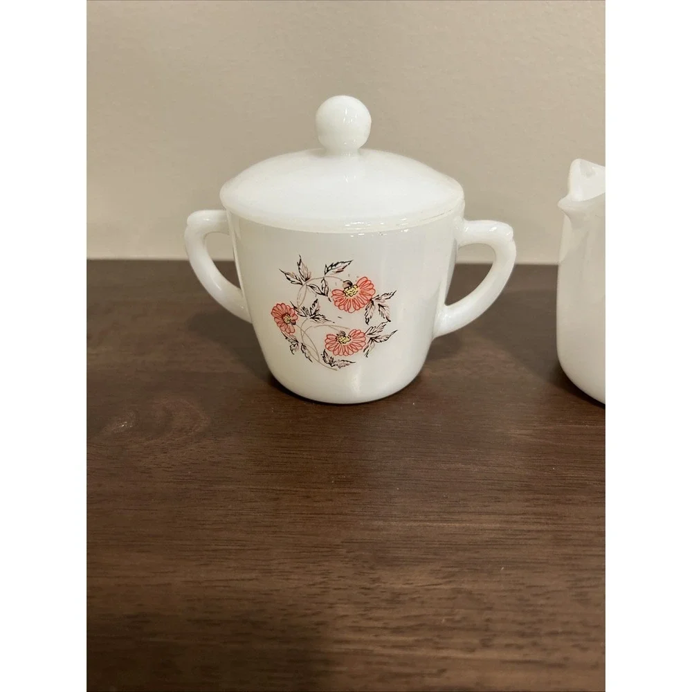 Fire King Fleurette Cream and Sugar Set Milk‎ Glass Floral Vintage